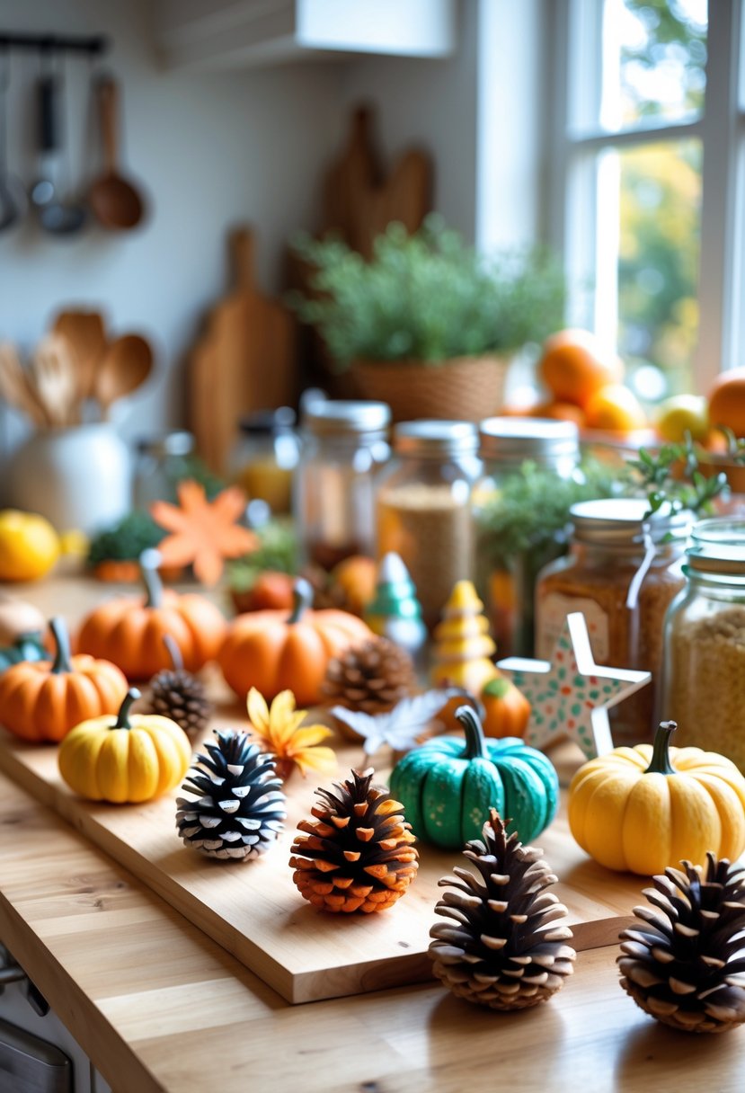 A kitchen countertop displaying various seasonal and themed kitchen crafts with autumn decorations and holiday ornaments.