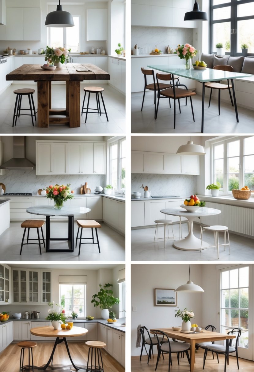 A kitchen with seven different styles of kitchen tables arranged to show various design ideas, each decorated with simple kitchen accessories.