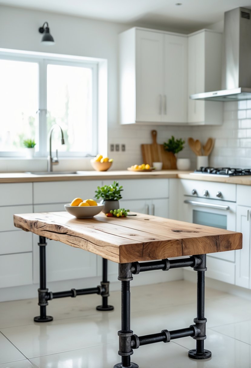 A kitchen with a wooden table supported by black industrial pipes, surrounded by white cabinets and kitchen appliances.