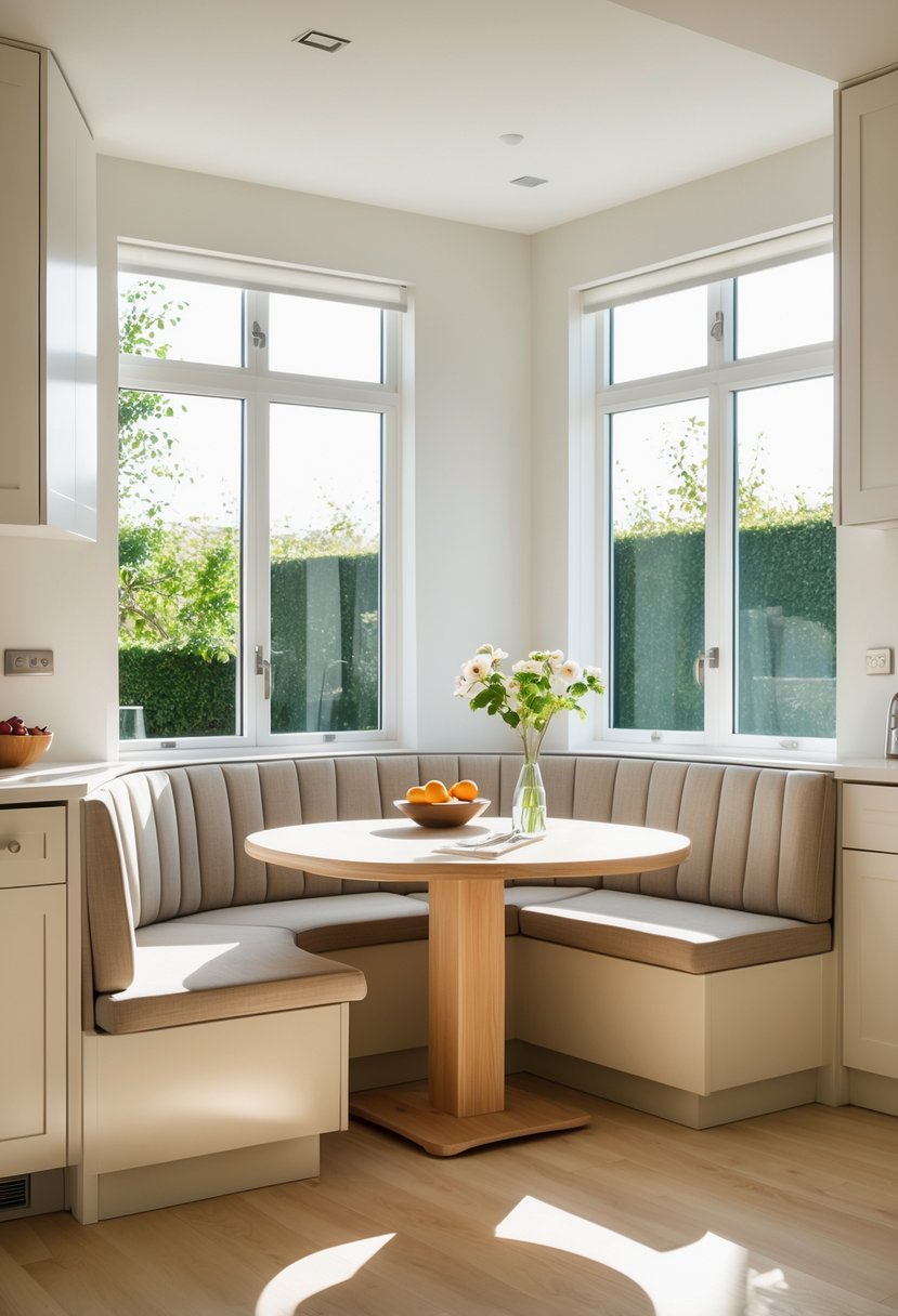 A kitchen corner with banquette seating and a built-in wooden table, decorated with flowers and fruit.