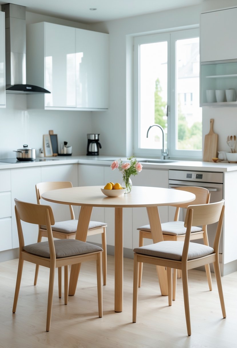 A round wooden kitchen table with four chairs in a bright kitchen with white cabinets and a large window.