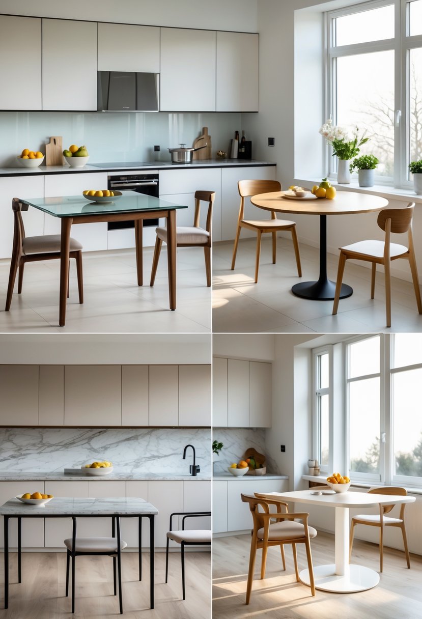 A kitchen displaying seven different kitchen tables with various designs and chairs, surrounded by modern kitchen elements and natural light.