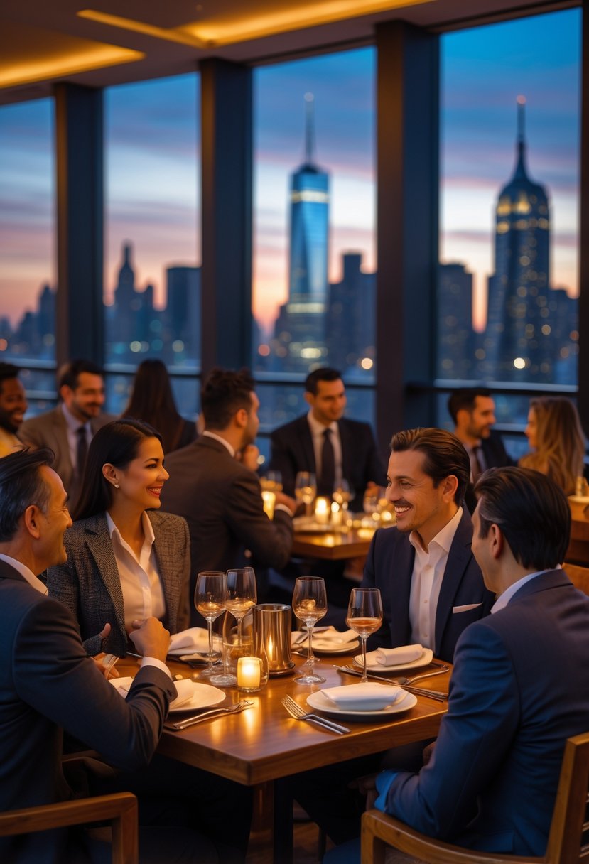 People dining and enjoying meals inside a stylish restaurant with large windows showing the New York City skyline.