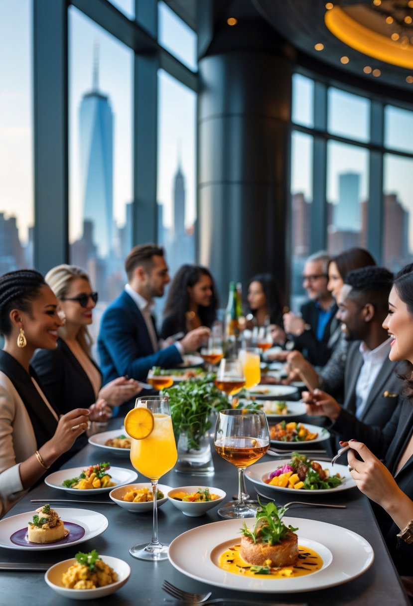 A modern restaurant interior with people enjoying gourmet meals and a view of the New York City skyline through large windows.