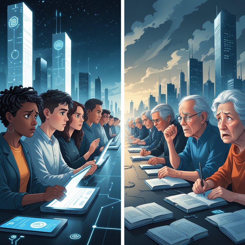 Jovens olhando para dispositivos digitais com expressão confusa à esquerda, e idosos com livros e papéis, aparentando dificuldades, à direita, mostrando exclusão educacional entre gerações.