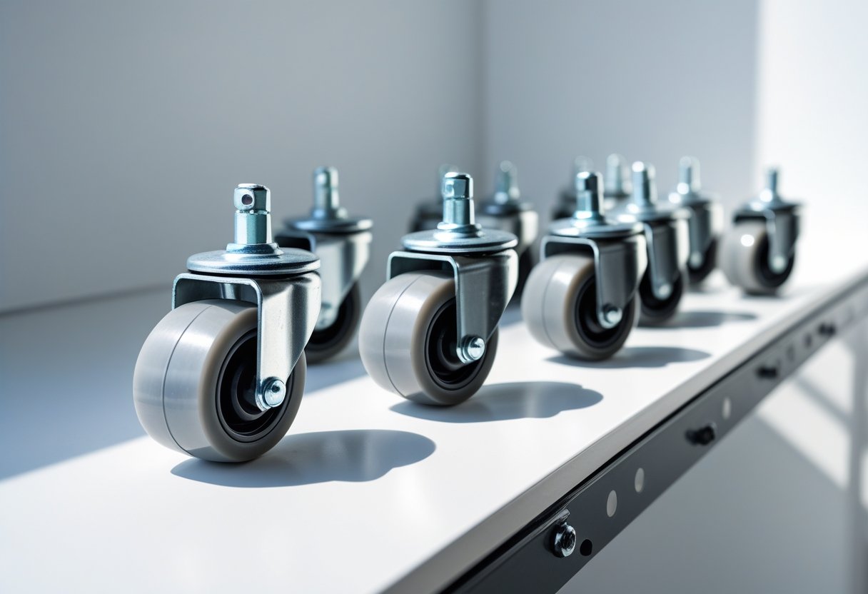 Close-up of several small light duty stem casters with metal stems and rubber wheels on a white surface.
