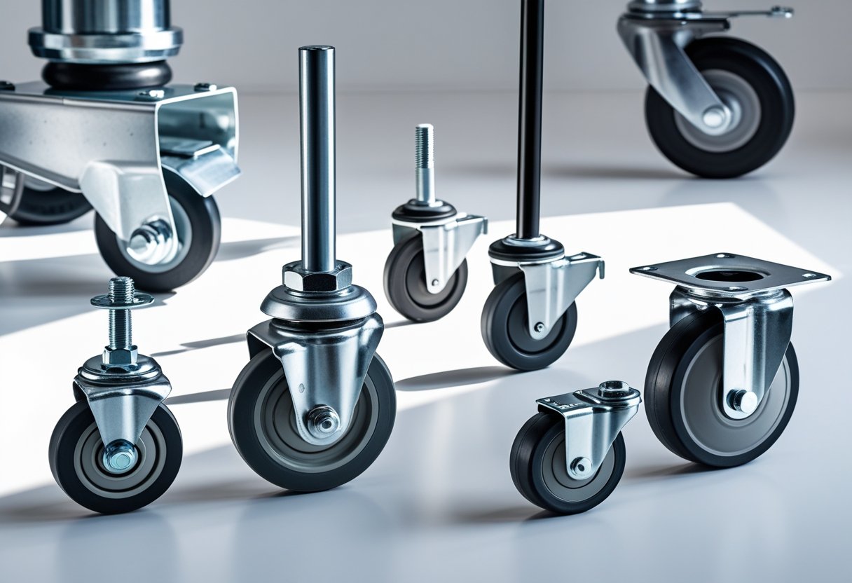 Various light duty stem casters arranged on a white surface showing different sizes and designs.