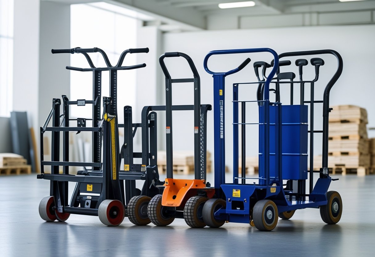 Several different types of hand trucks displayed in a clean warehouse setting.