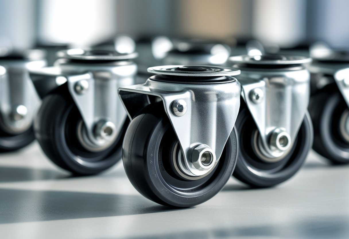 Close-up of medium duty casters with black rubber wheels and silver metal frames arranged on a light surface.