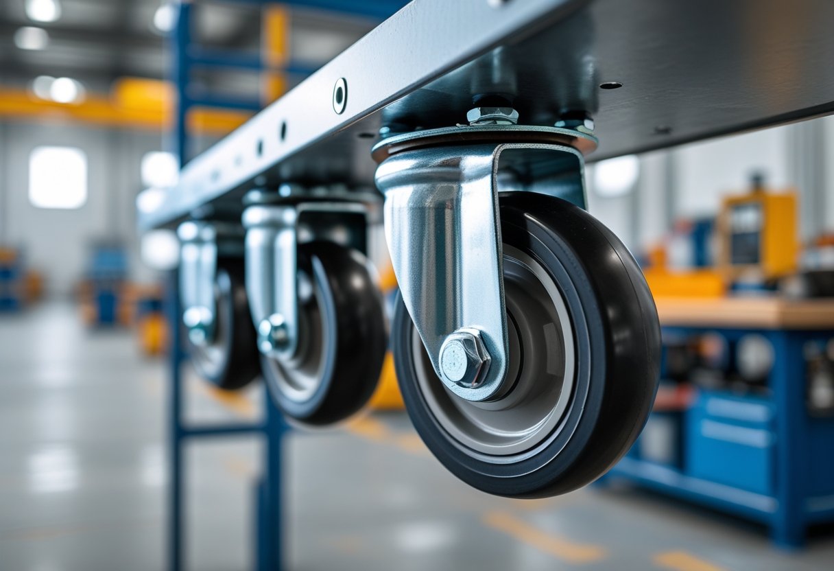 Close-up of a medium duty caster wheel attached to metal equipment in a workshop setting.