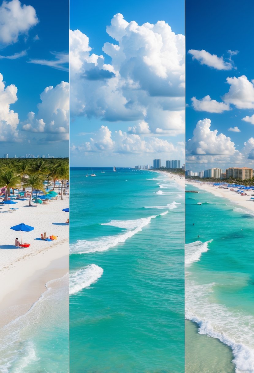 Panoramic view of seven beautiful Florida beaches with white sand, clear blue water, palm trees, and people enjoying the shore under a bright sky.