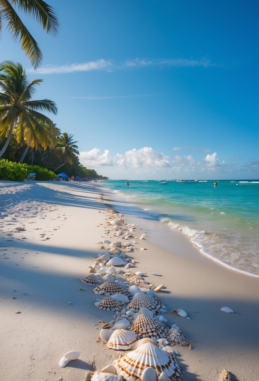 A sandy beach with shell fragments, turquoise waves, palm trees, and a clear blue sky.