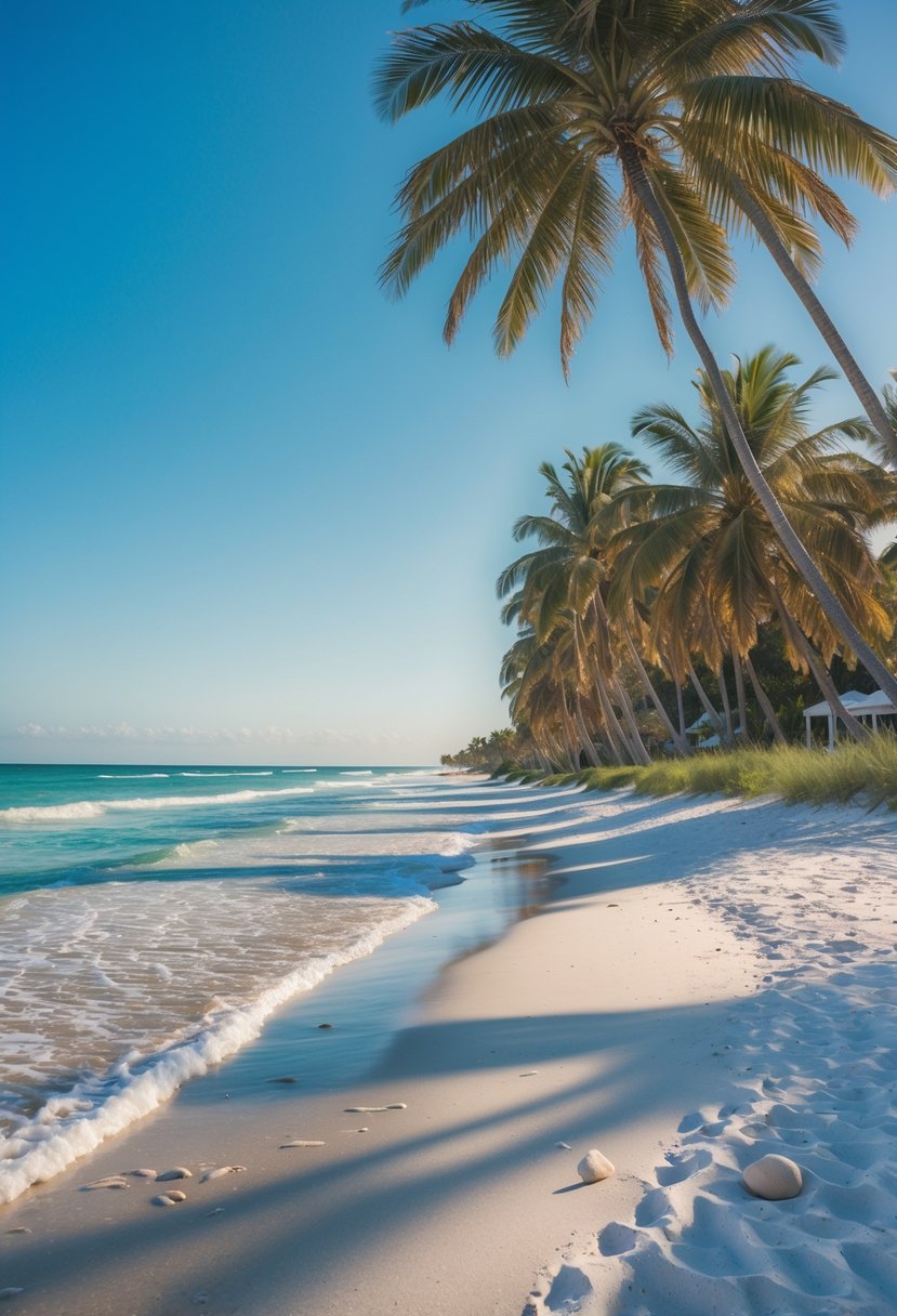A peaceful beach with white sand, turquoise water, and palm trees under a clear blue sky.