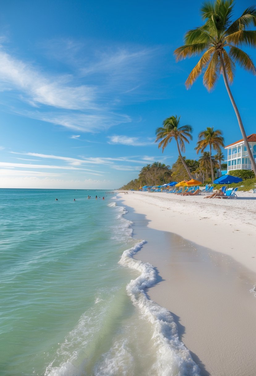 A sunny beach with white sand, turquoise water, palm trees, and a few people relaxing under umbrellas.