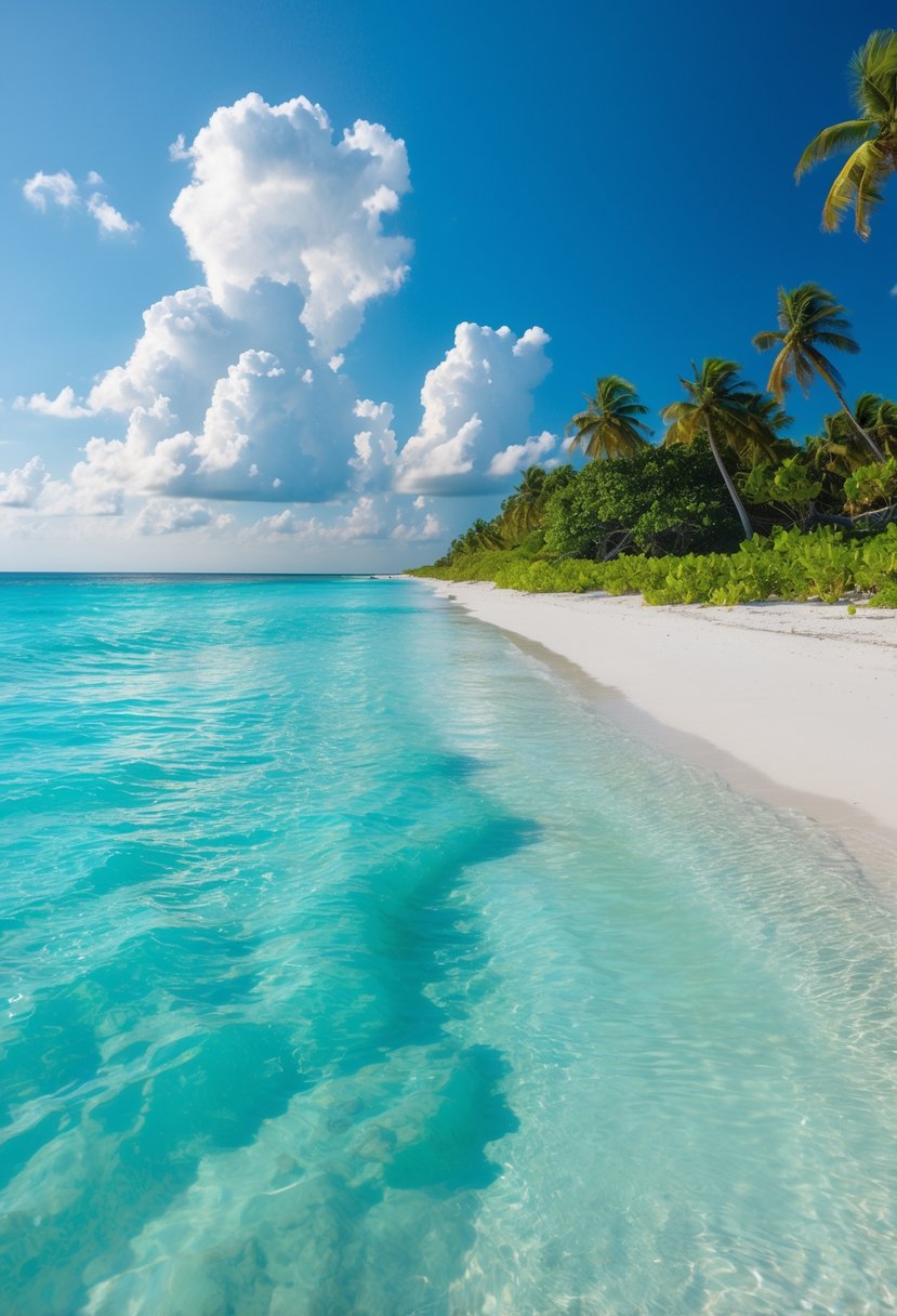 A clear turquoise ocean with white sandy beach and green vegetation under a blue sky.