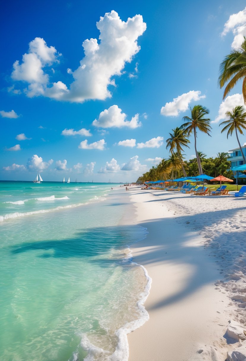 A sunny Clearwater Beach with white sand, turquoise water, palm trees, and people enjoying the beach.