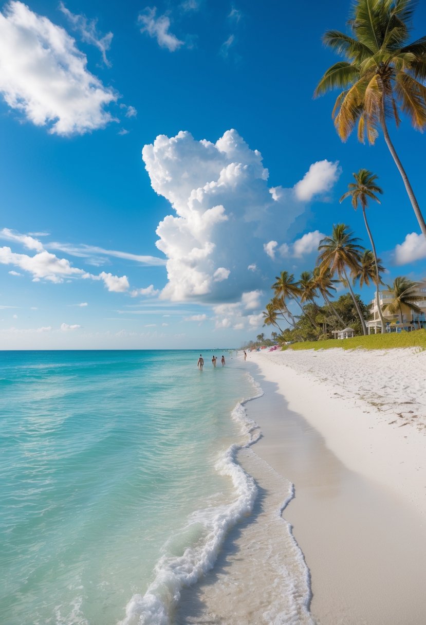 A sandy beach with clear turquoise water, palm trees, and a few people enjoying the sun and waves.