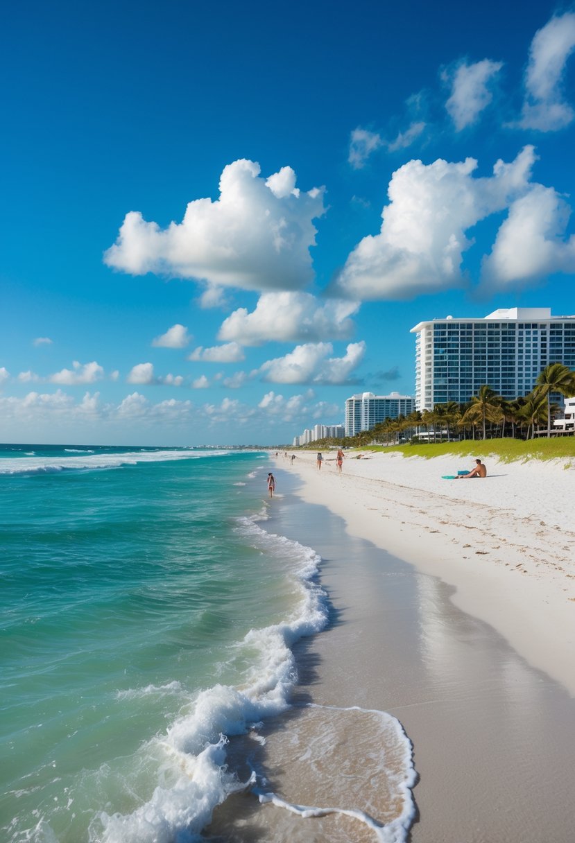 A sunny beach scene with white sand, turquoise waves, palm trees, and beachfront buildings under a blue sky.