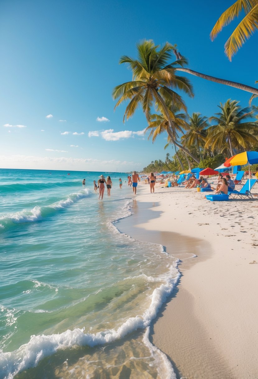 Sunny Florida beach with palm trees, people enjoying the sand and water, and boats in the distance.