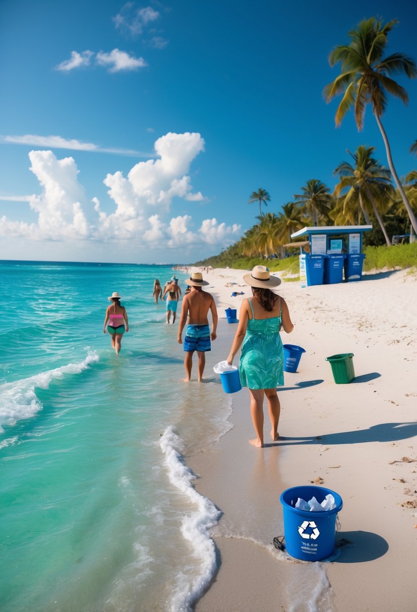 A sunny Florida beach with clear water, people enjoying the shore responsibly, palm trees, and a lifeguard stand in the background.