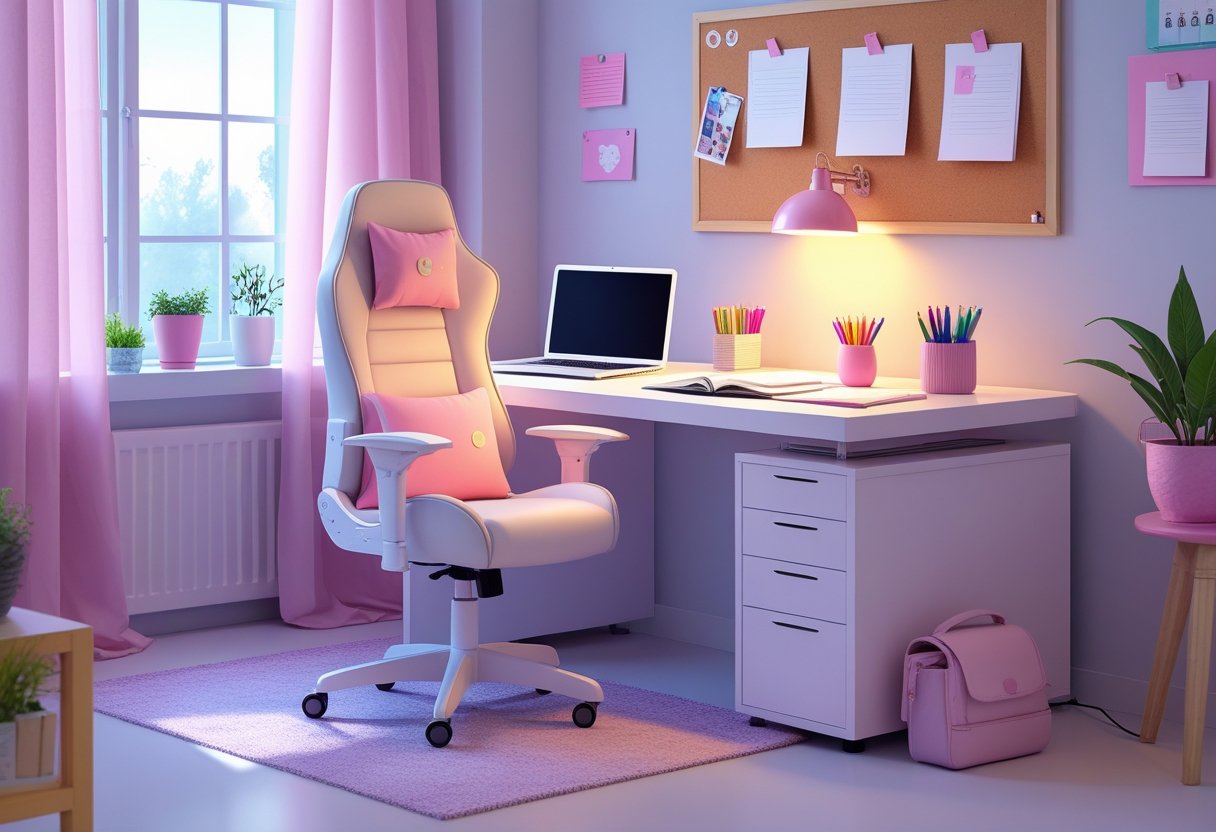 Un bureau moderne et bien organisé pour fille avec une chaise confortable, des fournitures scolaires colorées, une lampe de bureau et une plante dans une pièce lumineuse aux accents pastel.