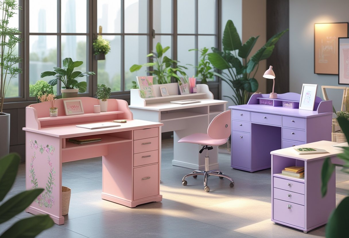 Plusieurs bureaux pour fille de styles différents exposés dans une pièce lumineuse avec des plantes et des accessoires.