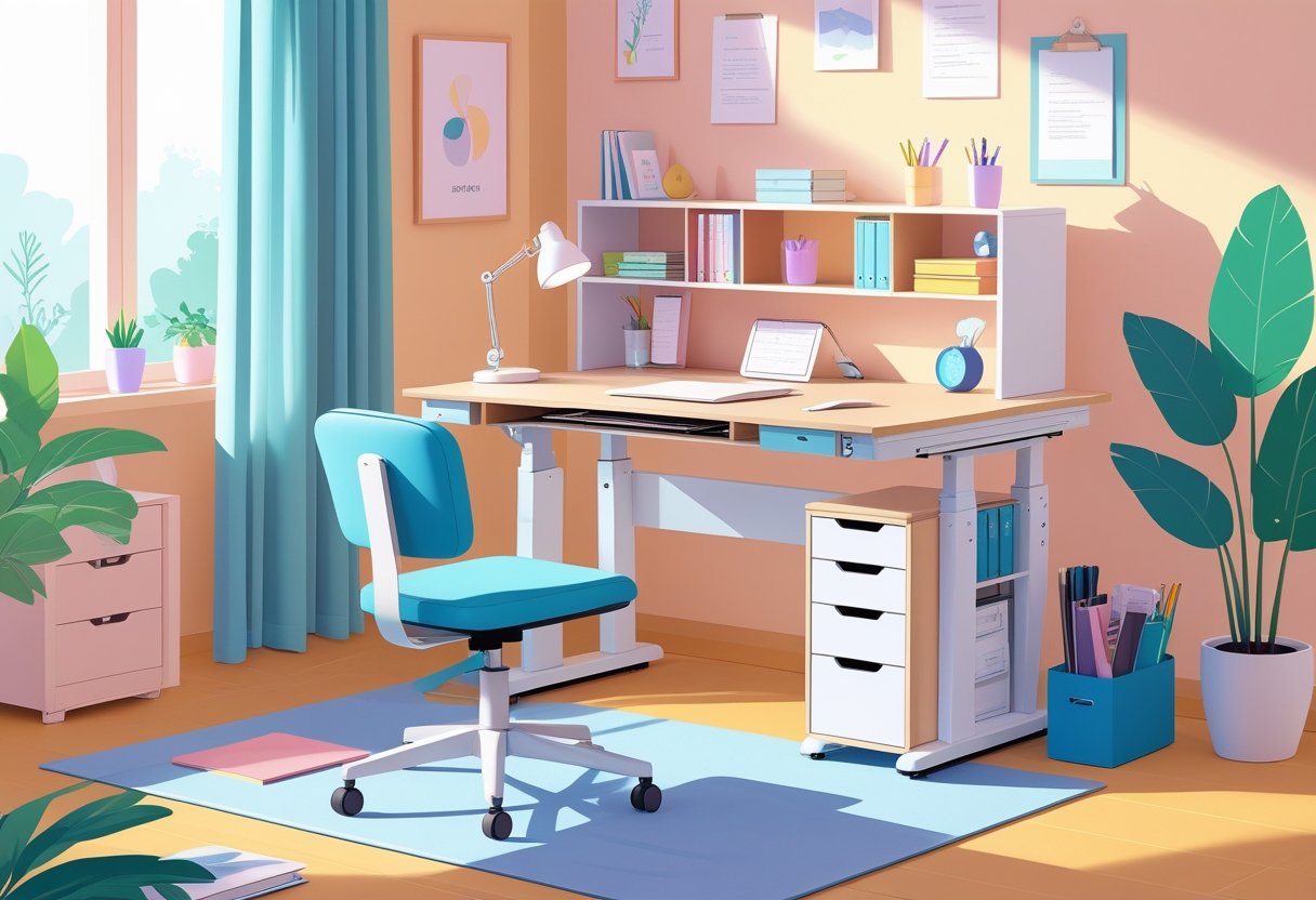Une chambre lumineuse avec un bureau moderne et organisé pour une fille, comprenant une chaise ergonomique, une lampe de bureau, des rangements, et une plante.
