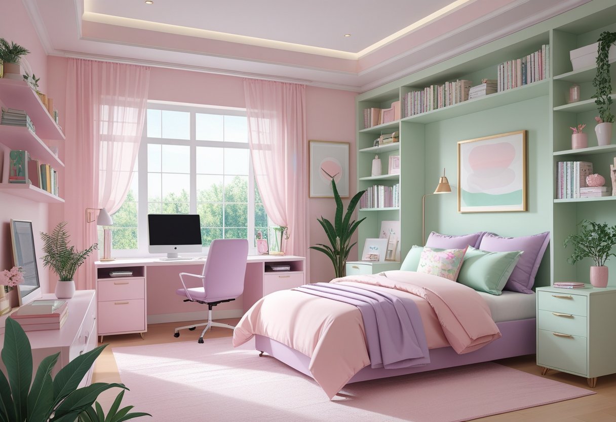 Chambre et bureau intégrés pour une fille, avec un bureau moderne, une chaise confortable, un lit bien rangé, des étagères décorées et des plantes, baignée de lumière naturelle.