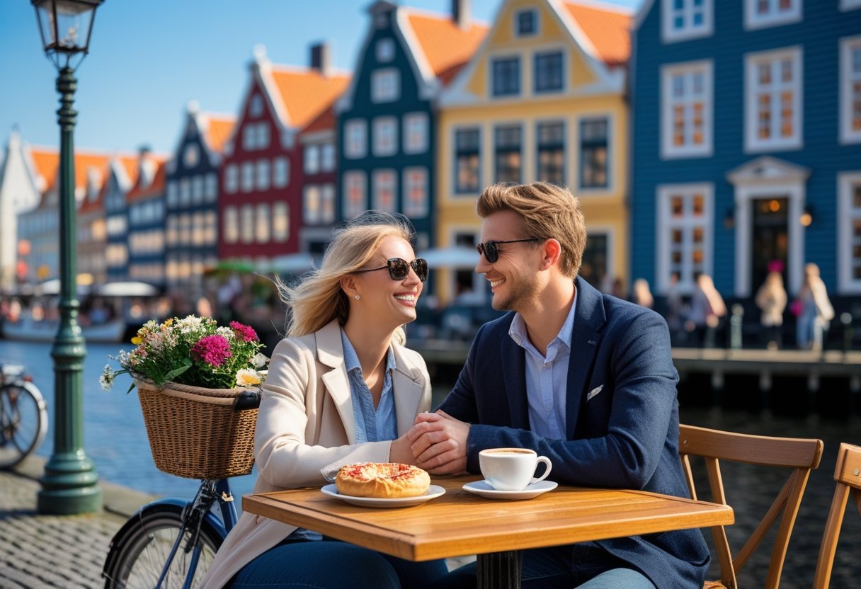 A couple sitting at an outdoor café by a colorful waterfront with boats and historic buildings in Copenhagen.