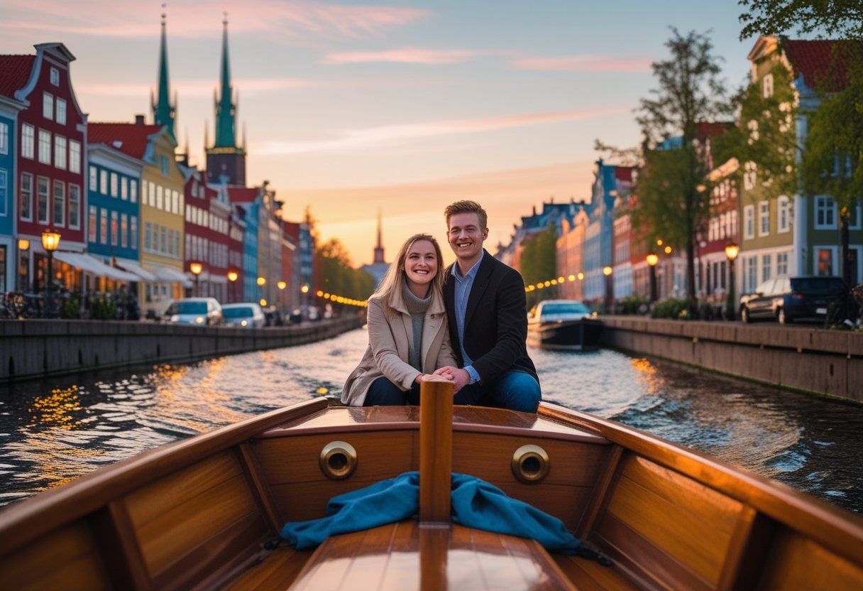 A couple holding hands on a boat in a colorful canal in Copenhagen at sunset, with historic buildings and city spires in the background.
