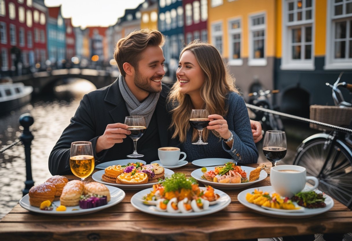 A couple enjoying a meal together at a cozy café table with Danish food, with colorful buildings and cobblestone streets visible outside the window.