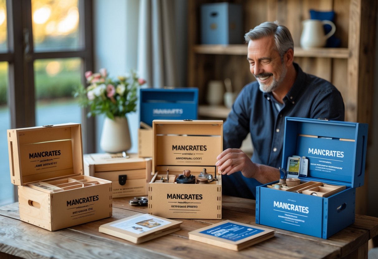 A man smiling while looking at DIY project kits displayed on a wooden table, with open boxes showing tools and materials.