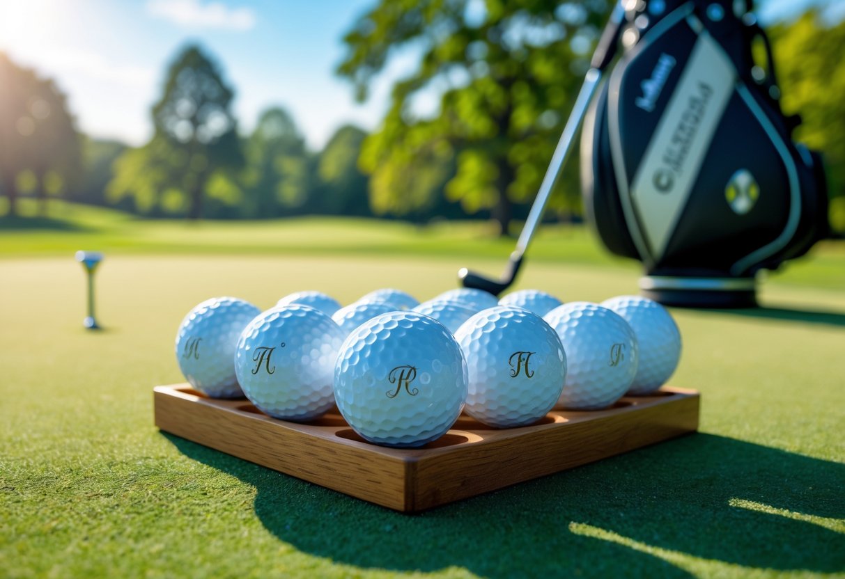 Close-up of personalized golf balls on a wooden tee holder on a golf course with a golf club and bag in the background.