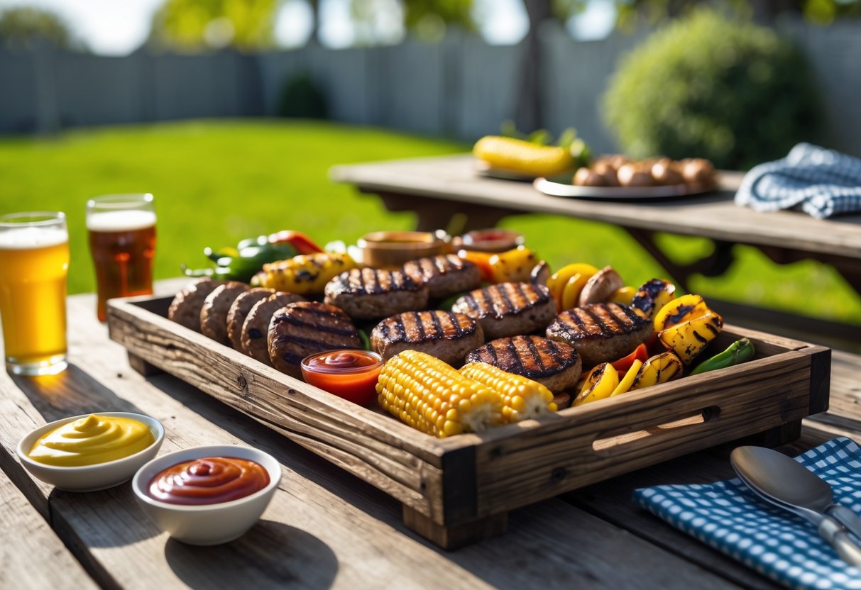 Wooden tray with grilled burgers, sausages, and vegetables on a picnic table outdoors with condiments and a drink nearby.