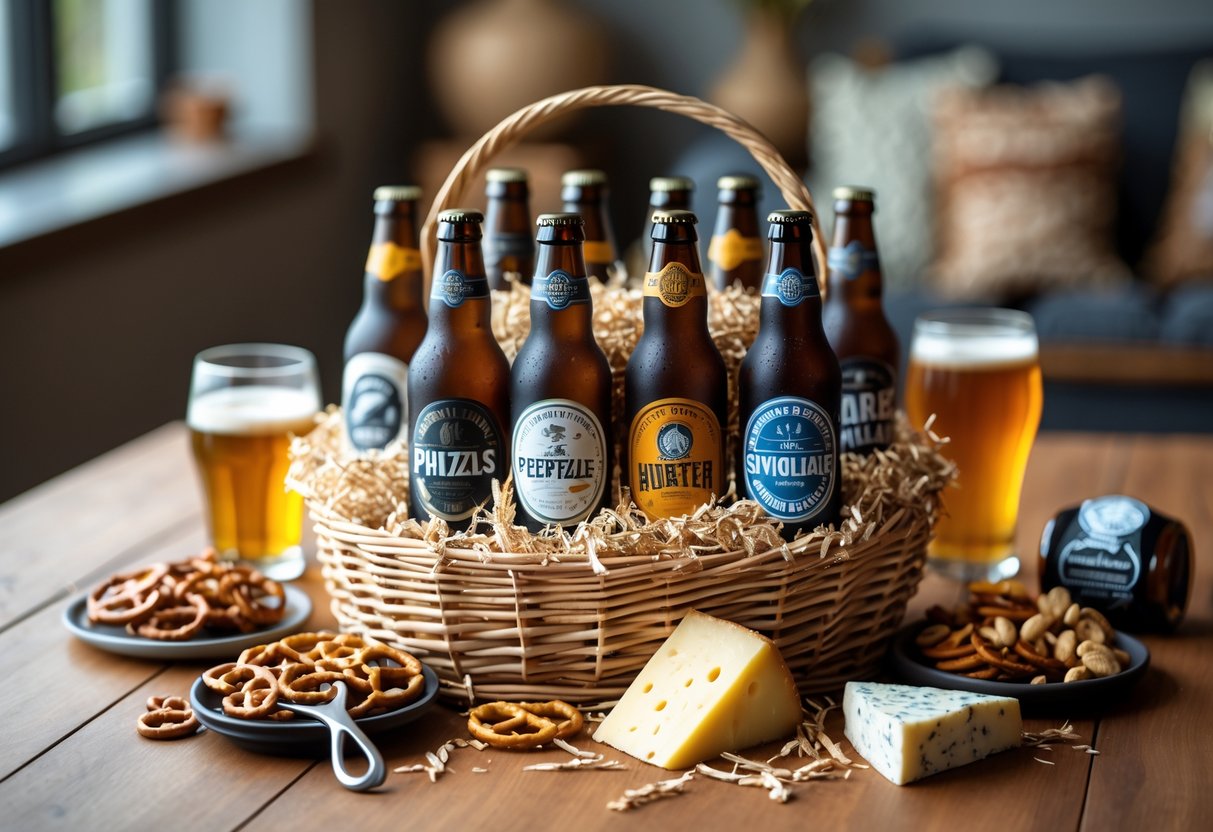 A wicker gift basket filled with craft beer bottles, snacks, and beer glasses arranged on a wooden table.