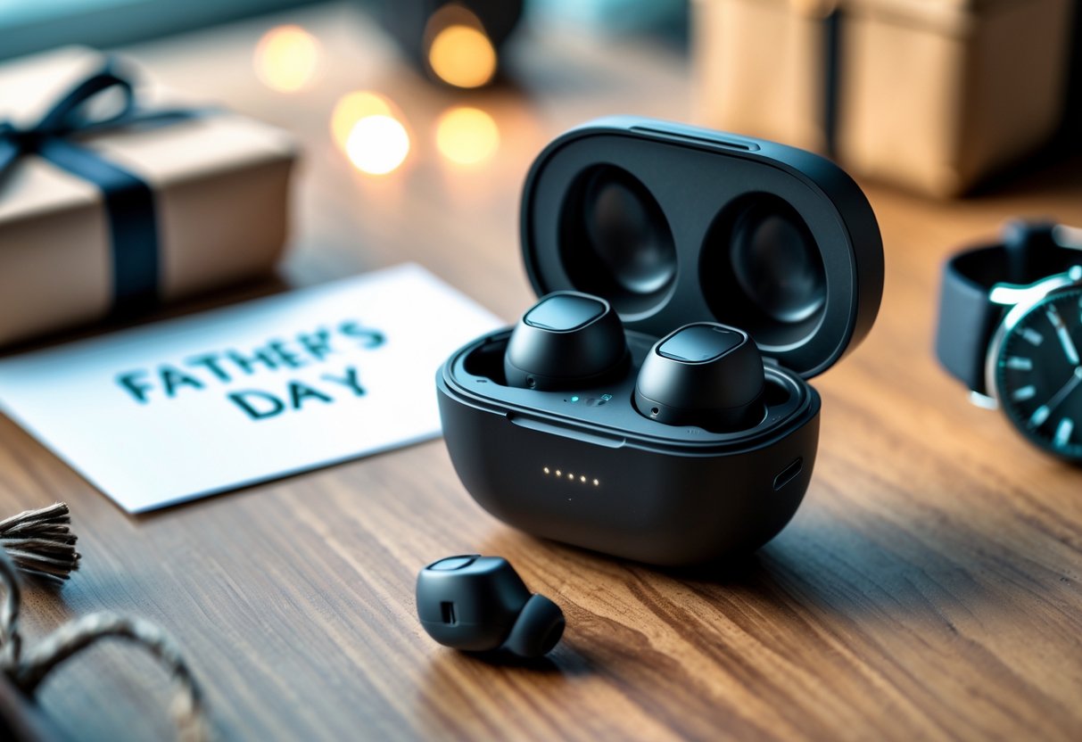Wireless Bluetooth earbuds placed on a wooden desk next to a wrapped gift box and a wristwatch.