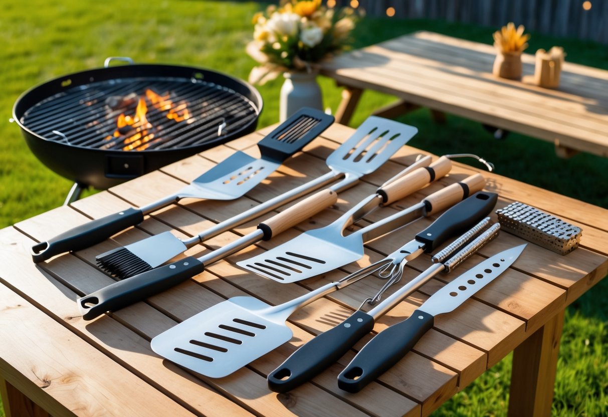An 11-piece grilling tool set arranged on a wooden table next to a grill with glowing coals in a sunny backyard.