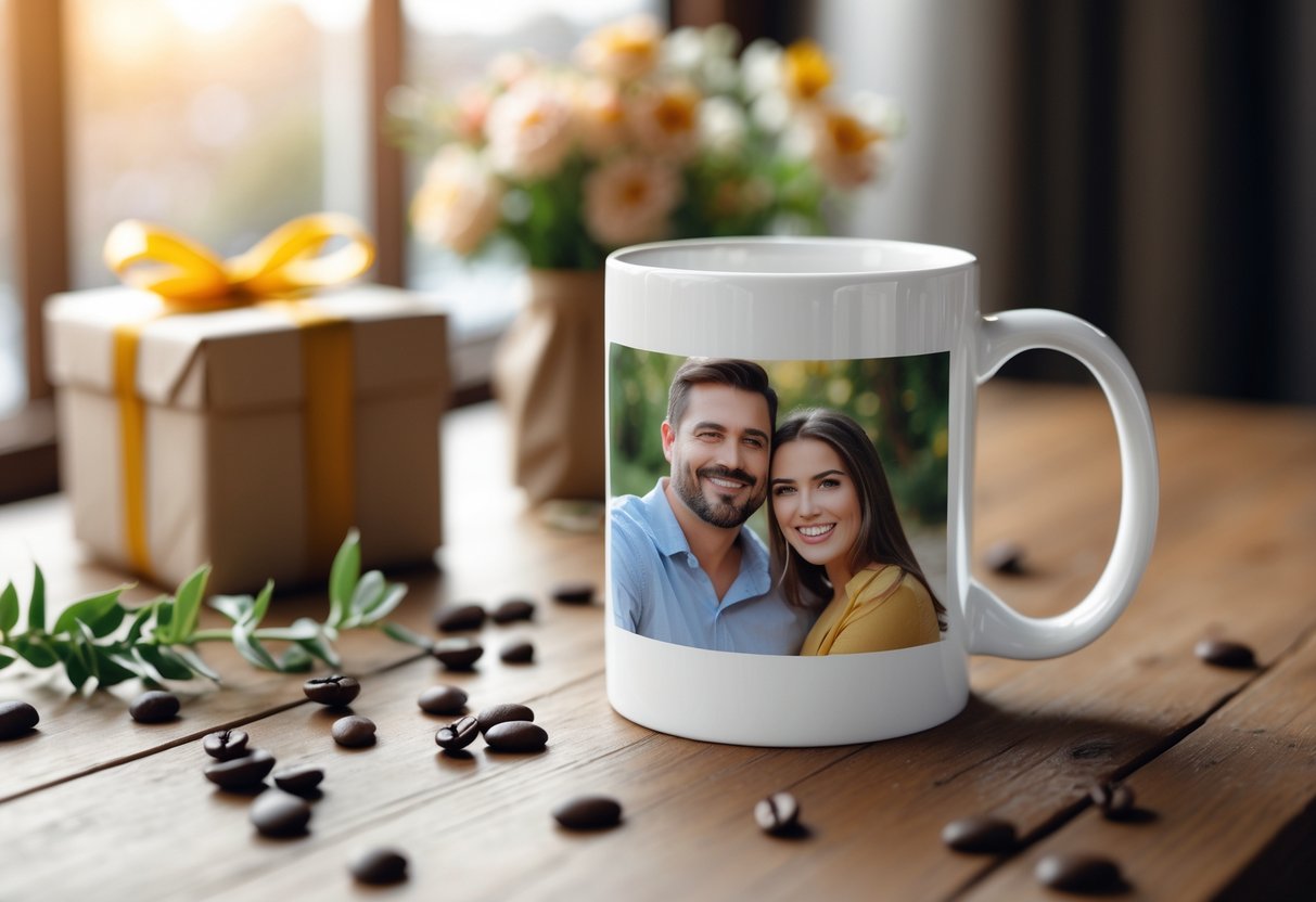A white ceramic mug with a printed photo on a wooden table surrounded by a wrapped gift and flowers.