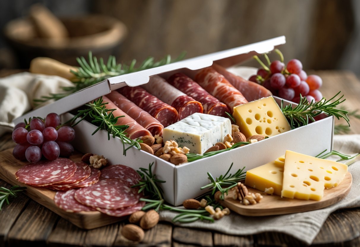 An open gift box filled with assorted cured meats, cheeses, grapes, and nuts arranged on a wooden table.