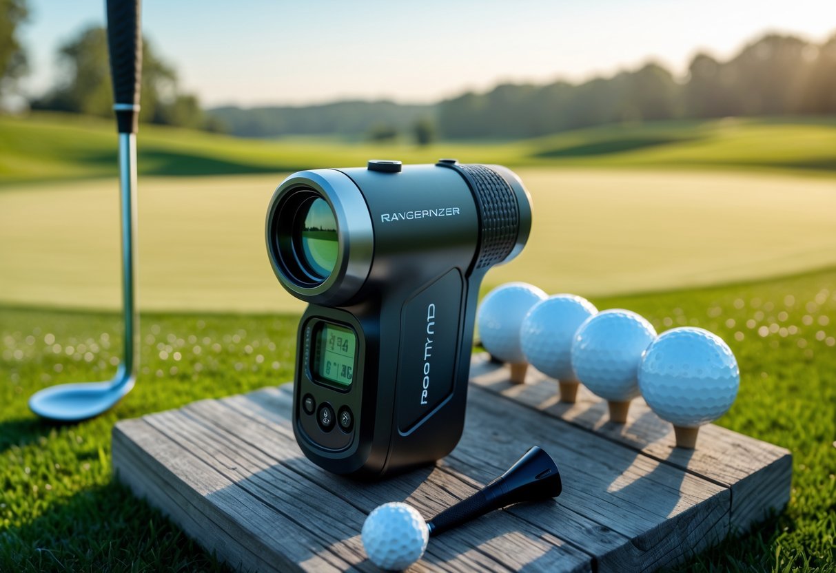 A golf rangefinder on a wooden tee box with golf balls and a driver club on a green golf course under a clear sky.
