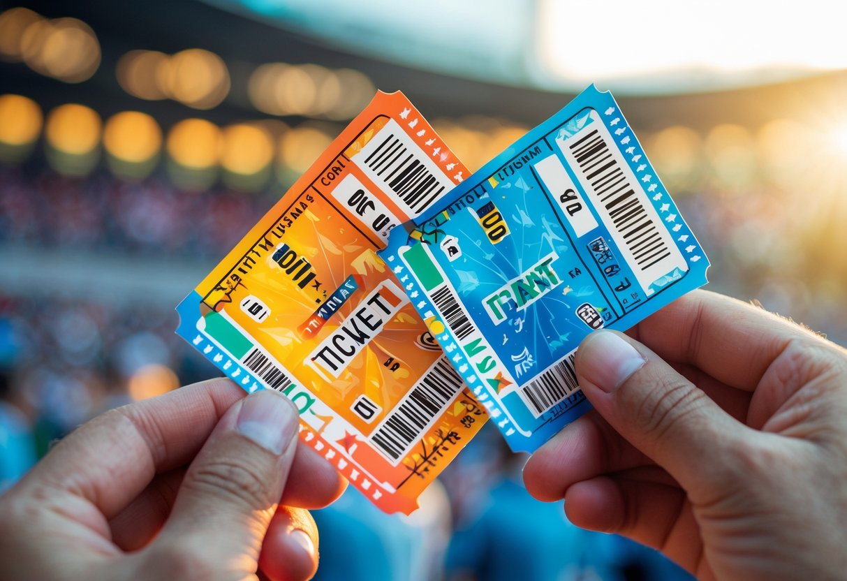 A hand holding two colorful tickets to a concert or sporting event with a blurred stadium background.
