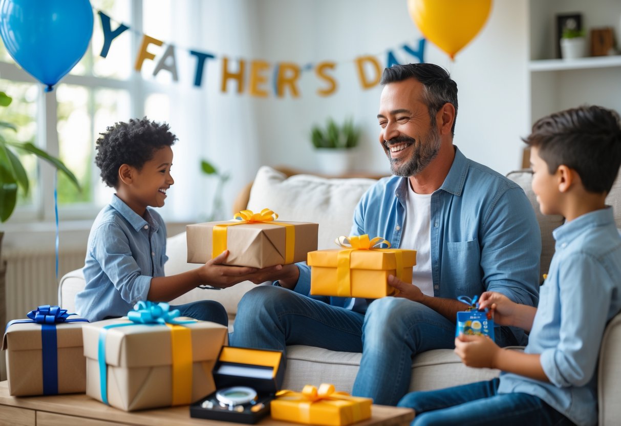 A father smiling as his children give him wrapped gifts in a cozy living room decorated for Father's Day.