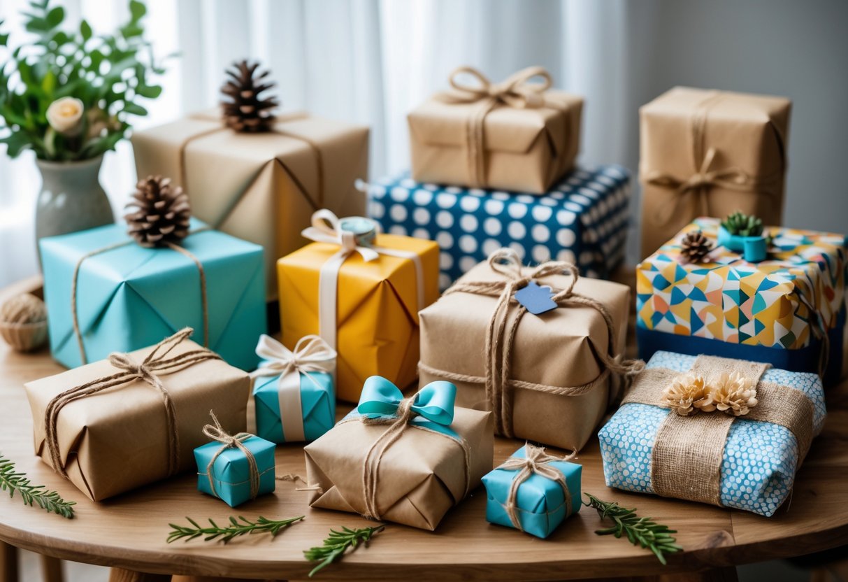 A wooden table displaying eleven creatively wrapped Father's Day gifts with natural decorations and soft lighting.