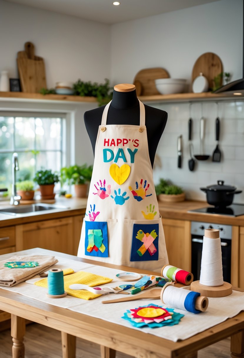 A handmade Father's Day apron displayed on a wooden table surrounded by crafting supplies in a kitchen setting.