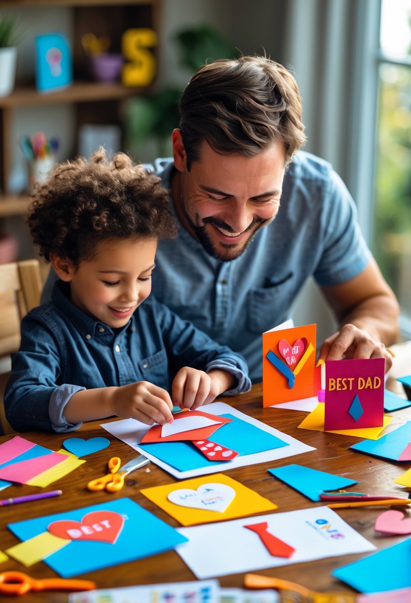 A father and child making Father's Day crafts together at a table filled with colorful art supplies.