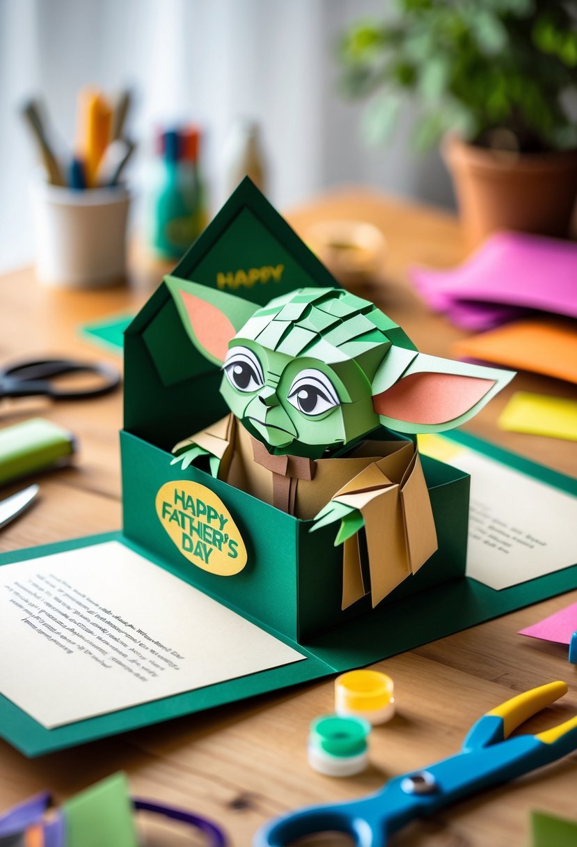 A 3D Yoda pop-up card open on a table with crafting materials around it.