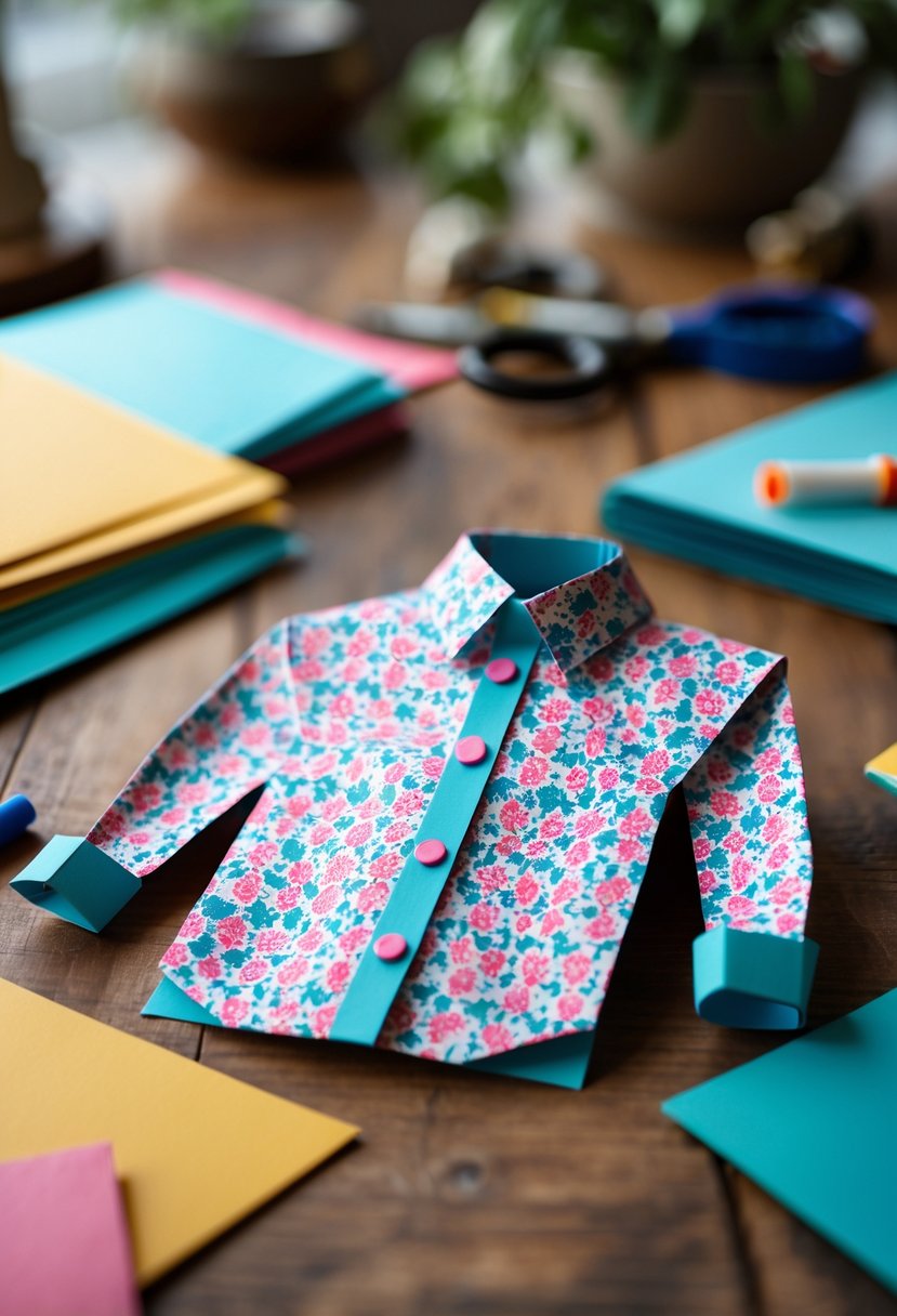 An origami shirt card made from patterned paper placed on a wooden table with crafting supplies around it.