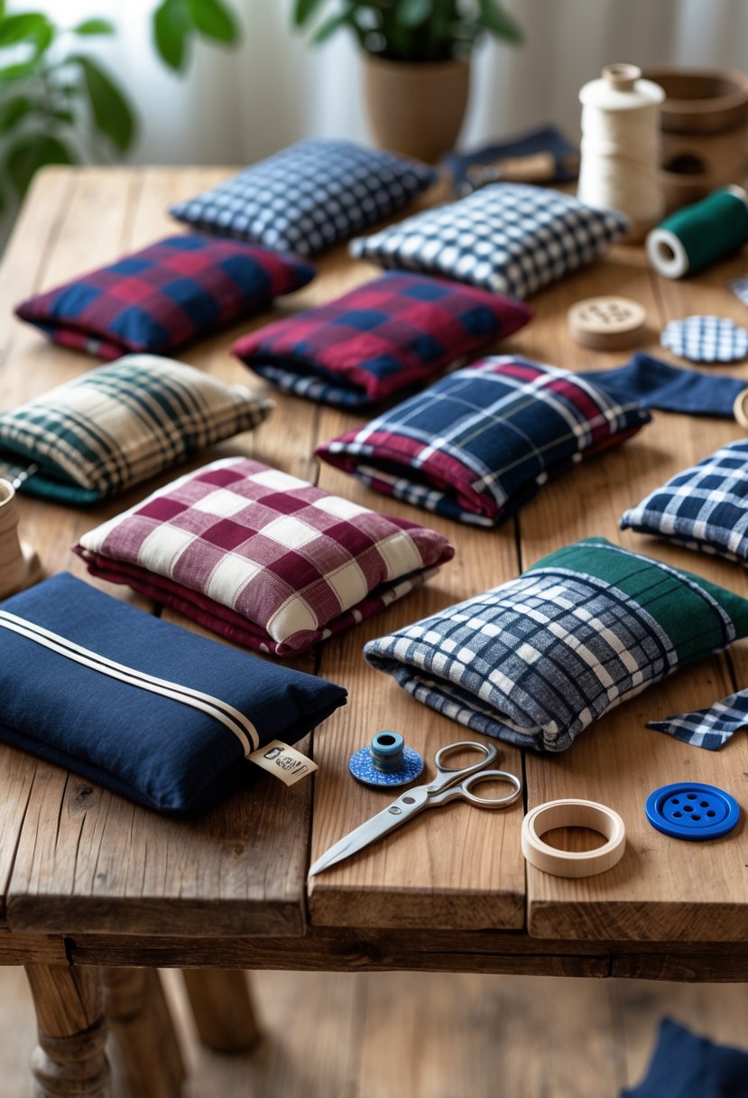 A collection of handmade tie and slipper cozies arranged on a wooden table with crafting supplies around them.