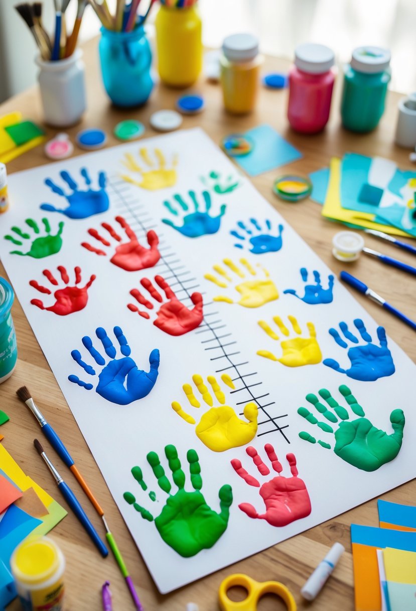 A table with colorful handprints arranged from small to large on paper, surrounded by craft supplies like paintbrushes and paint jars.