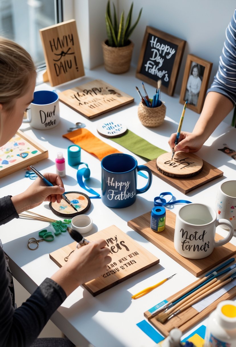 Hands personalizing handmade Father's Day gifts on a table filled with craft supplies and colorful materials.